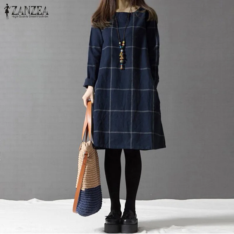 

Winter Dress Women ZANZEA Long Sleeve Cotton Linen Dresses Autumn Knee-length Casual Plaid Shirt Vestidos Robe Femme