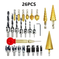 26pcsset counterbore drill stepped pagoda drill with hat center punch titanium plated chamfering tool woodworking hole set