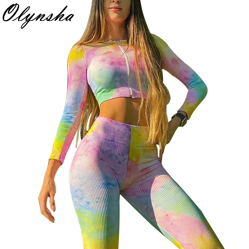 

Женские облегающие леггинсы с принтом Tie Dye, укороченный топ, комплект из двух предметов с брюками, осенний спортивный костюм для фитнеса, 2020