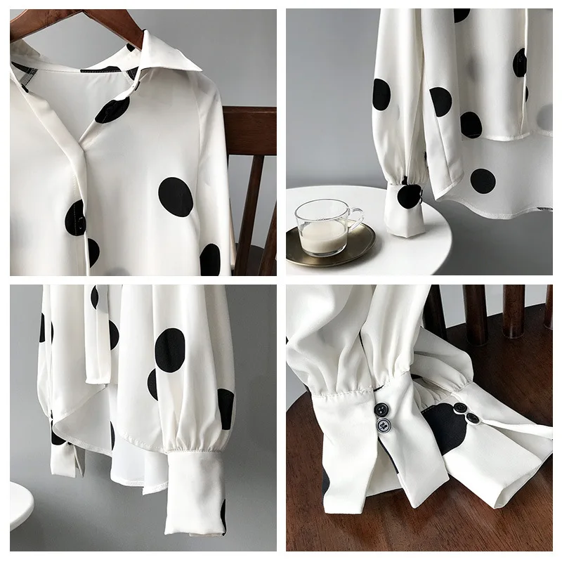 

Spring Autumn White Chiffon Shirts Vintage Turn-down Collar Polka Dots Women Elegant Lantern Sleeve Loose Female Blouses Tops