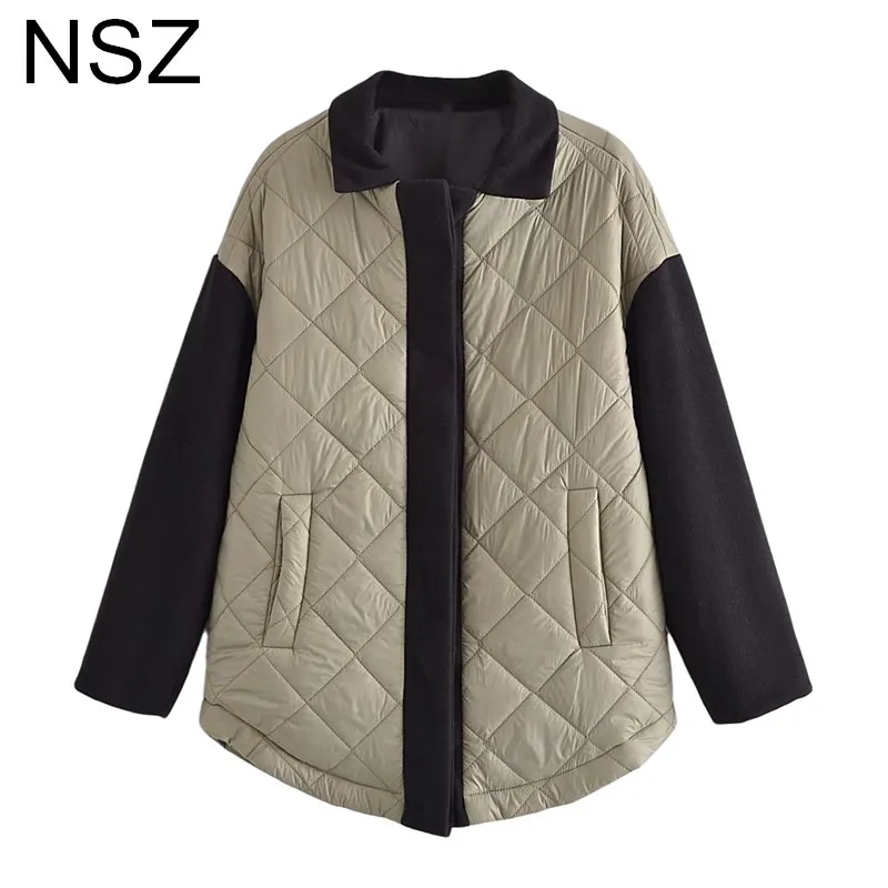 

NSZ Women Oversize Wool Blends Sleeve Patchwork Winter Quilted Padded Parka Coat Large Size Jacket Overshirt Female Outerwear
