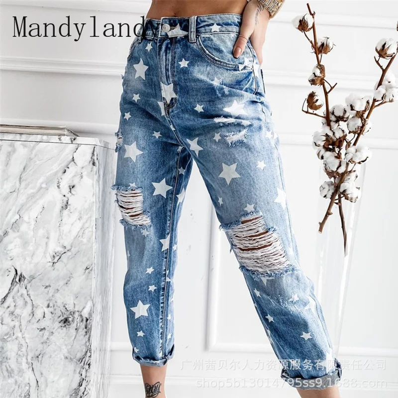 

Mandylandy Women's Autumn Vintage Star Print Denim Pants Lady Ripped Hole Skinny Jeans Female Long Trousers