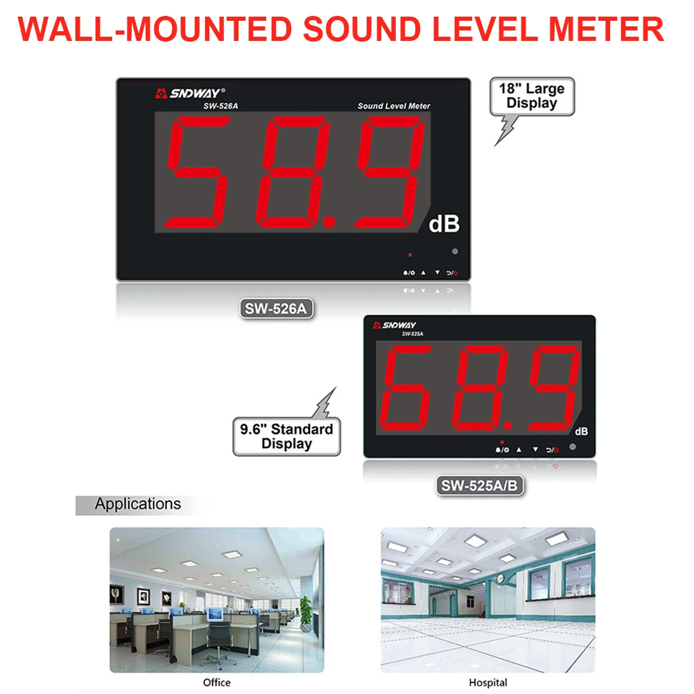 

SW-525A Sound Level Meter Tester 30-130db Large Screen LCD Display Wall Hanging Type Noise Decibel Measuring Tester Alarm