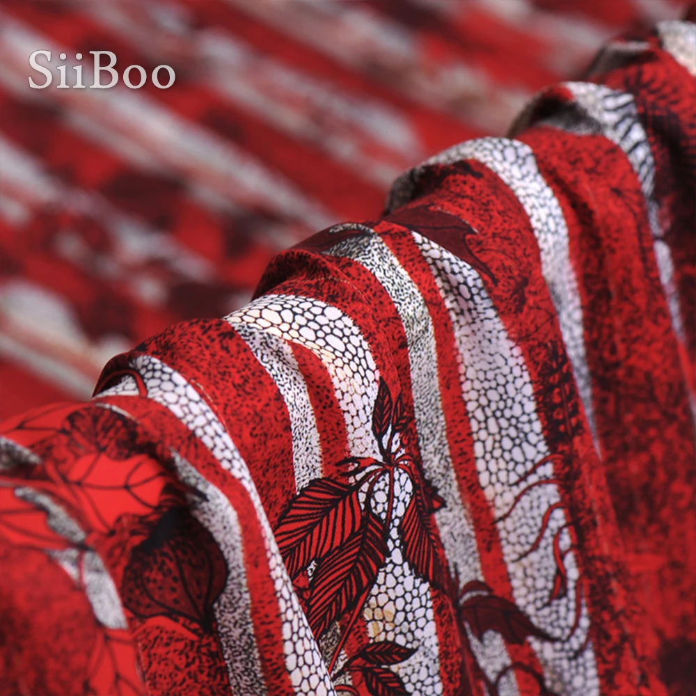 Роскошная красно синяя шелковая ткань стрейч в полоску с растительным принтом