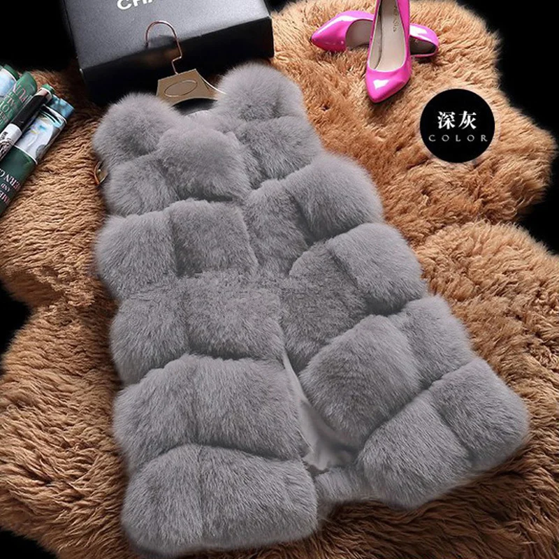 Dark gray INS Модный меховой жилет, зимнее женское роскошное пальто из искусственного лисьего меха, меховой жилет, приталенное Женское зимнее пальто, женская верхняя одежда pelliccia donna - Цвет: Dark gray