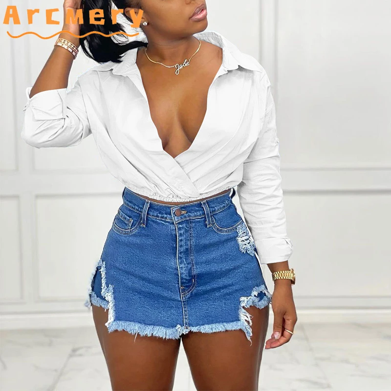 

Women Turn Down Collar Wrapt Short Solid Shirt