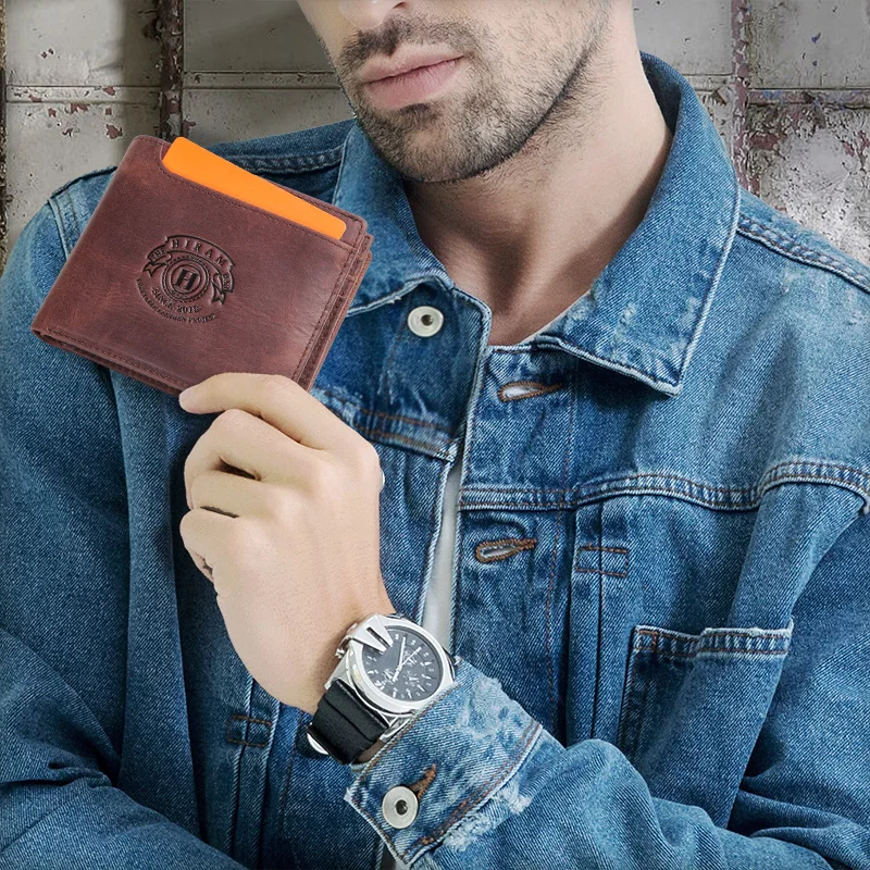 

Hiram vintage crazy horse leather short wallet men rfid card holder wallets for men retro small coin purses male carteras