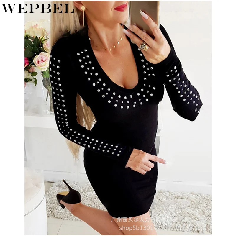 

WEPBEL Women's Elegant Autumn Pearl Bodycon Dress Ladies Sexy Fashion Long Sleeve V Neck High Waist Corset Slim Fit Dress
