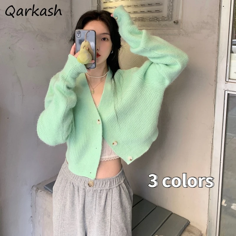 

Cardigan Women Sweater Pure Simple 3 Colors V-neck Cropped Warm Streetwear Girls Lovely Leisure Popular Daily Teens Ulzzang New
