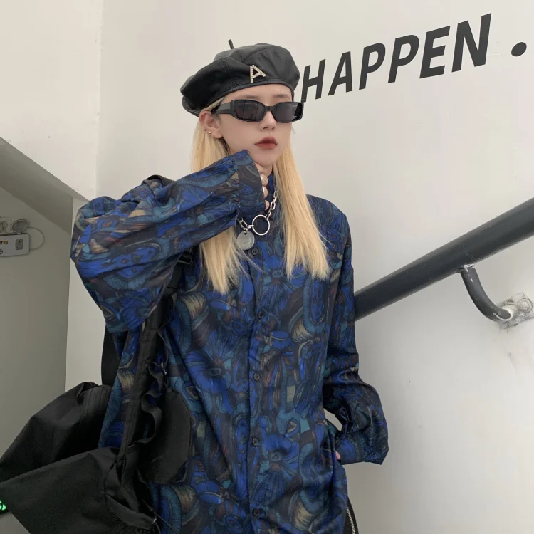 

Harajpoo Women Shirts 2021 Spring Autumn Korean Ins Trendy Harajuku Style Girls Vintage Print Loose Casual Long-Sleeved Blouses