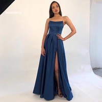 dark navy long prom dress strapless a line front split robe de soiree simple satin full length special occasion gowns custom