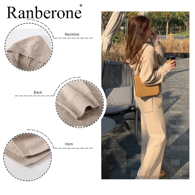 Ranberone Sport Suit Female V-neck Sweater+Wide Leg Trousers Women's Tracksuit Autumn Winter Two Piece Suit Fitness Sportswear