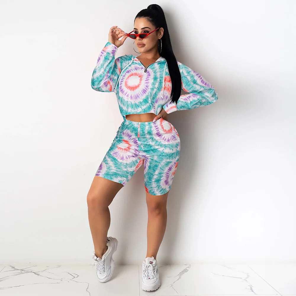

Women Sport Tie Dye Clothing Sets Long Sleeve Hooded Sweatshirt Hoodies Top + High Waist Shorts Lady Casual Tracksuit Streetwear