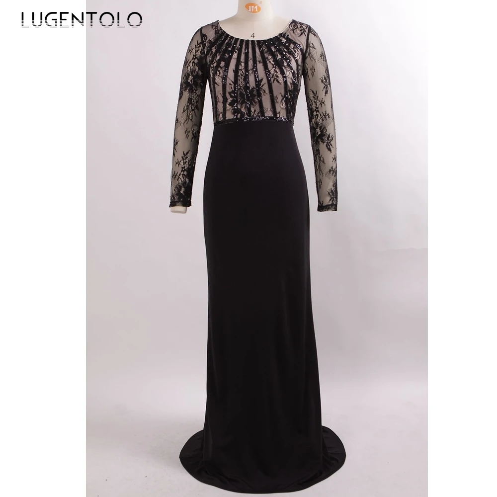 

Lugentolo Plus Size Party Dress Women High Waist Round Neck Long Sleeve Lace Fishtail Summer New Fashion Womens Long Dress