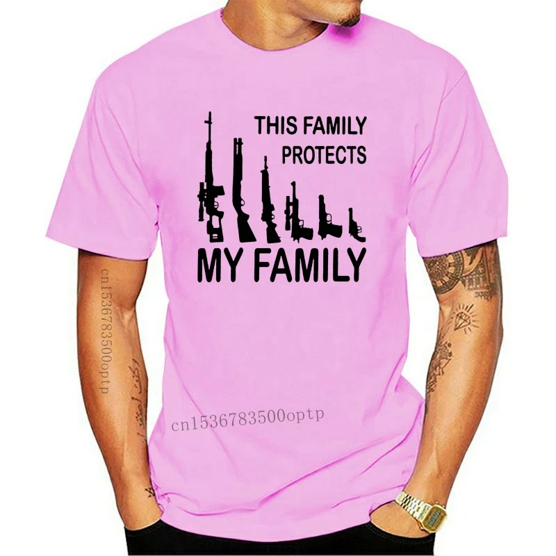 

New This Family Protects My Family Guns Weapons Short Sleeve T Shirt Men Funny Printed 100% Cotton Cartoon T-Shirt Tops