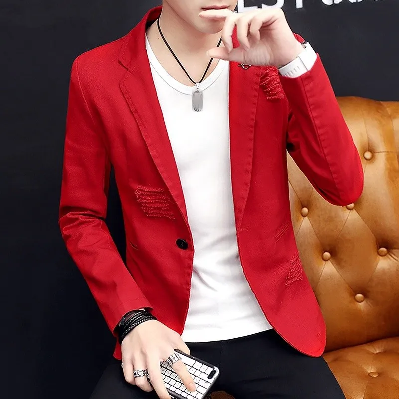 

Casual Men Blazer Autumn New Slim Single Button Frayed Denim Jacket Student Stage Clothes Personality Pink Work Cowboy Coat 3XL