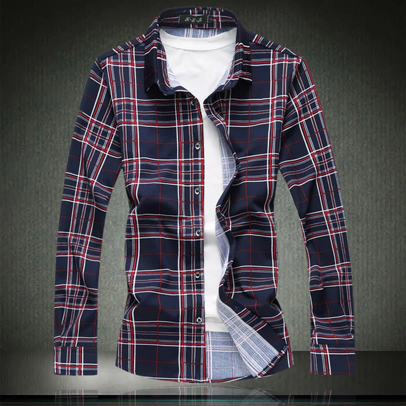 Мужская клетчатая рубашка с длинным рукавом большого размера | одежда