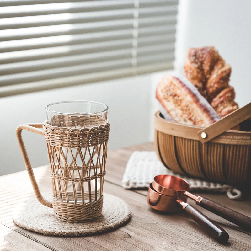

Water Cup Daily Use Rattan Weaving Double Wall Glass Cup Creative Anti Scalding Coffe Cup Tea Fruit Juice Drinking Milk Mug