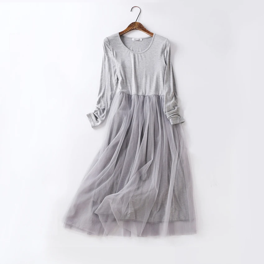 Женское платье из модала с длинным рукавом сетчатой пряжи на весну и