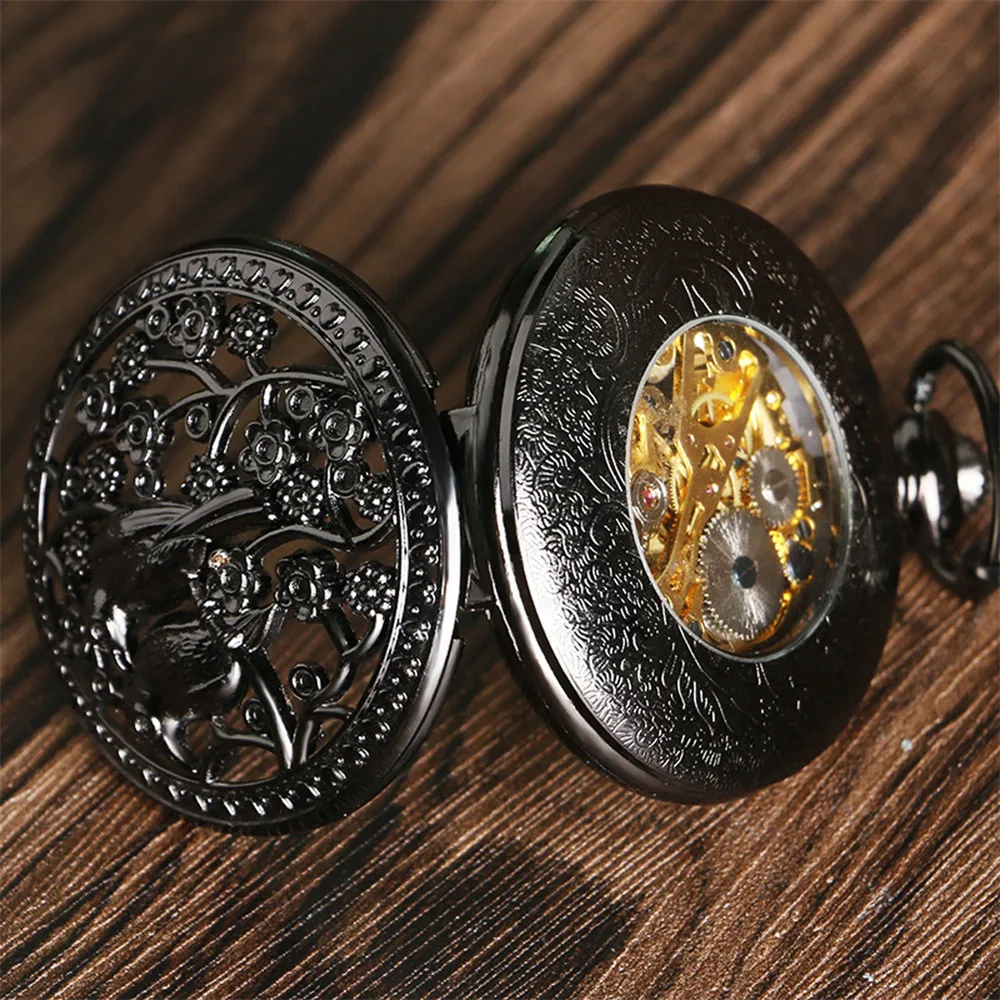 Exquisite Hollow Flower Birds Manual Mechanical Pocket Watch Vintage Black Pocket Chain Antique Pocket Timepiece Gifts Male