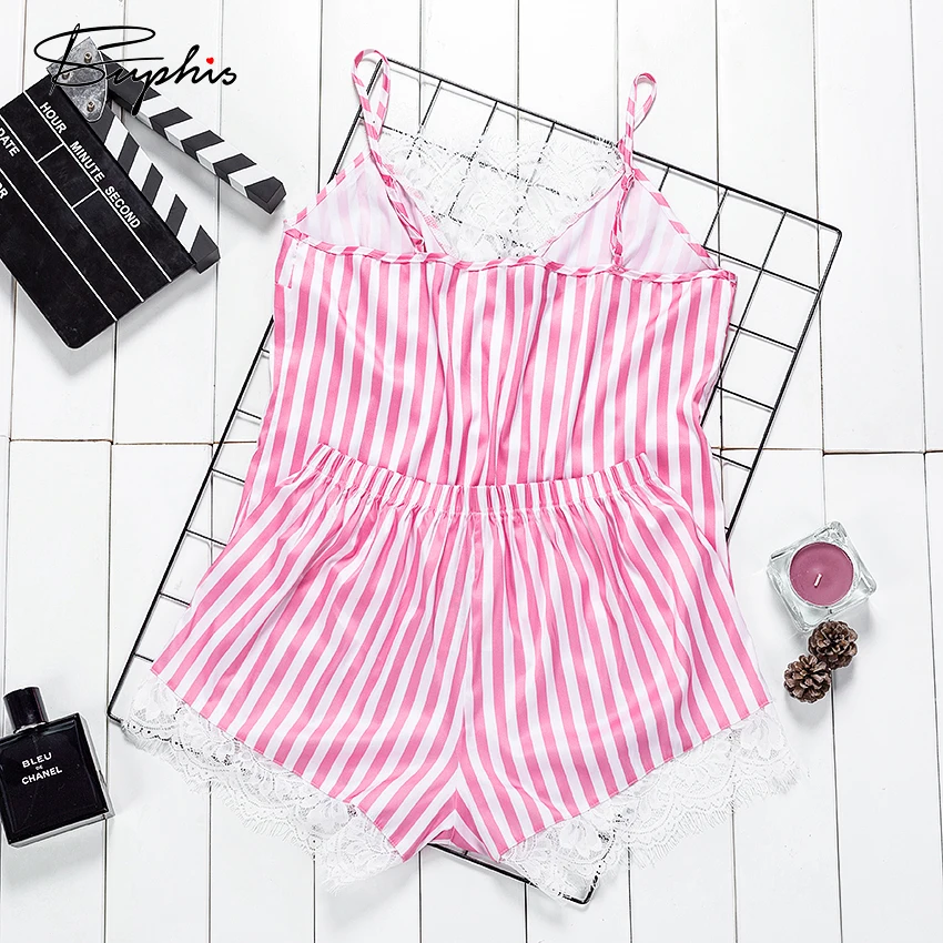 Suphis Сексуальная кружевная Пижама с v образным вырезом для сна Женская Полосатая