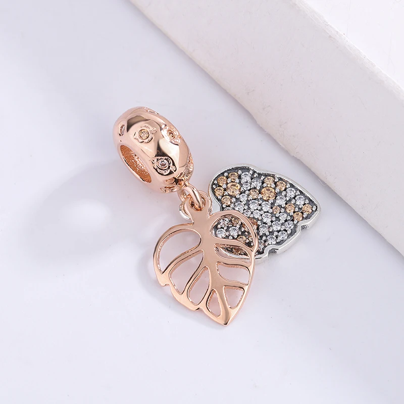 

Fashion 925 Sterling Silver Rose Gold Glittering Leaf Pendant Charm Bracelet For Pandora Ladies Bracelet Necklace Original