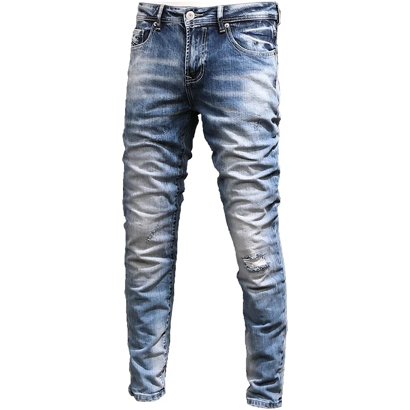 Italian Newly Fashion Men Jeans Retro Light Blue Slim Fit Ripped Jeans Men Korean Style Vintage Designer Casual Denim Pants