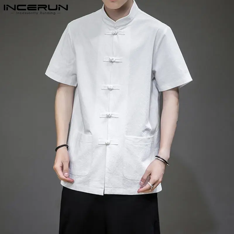 

2022 Chinese Style Men Shirt Cotton Solid Color Mandarin Collar Retro Tang Suit Button Short Sleeve Tops Casual Camisas INCERUN