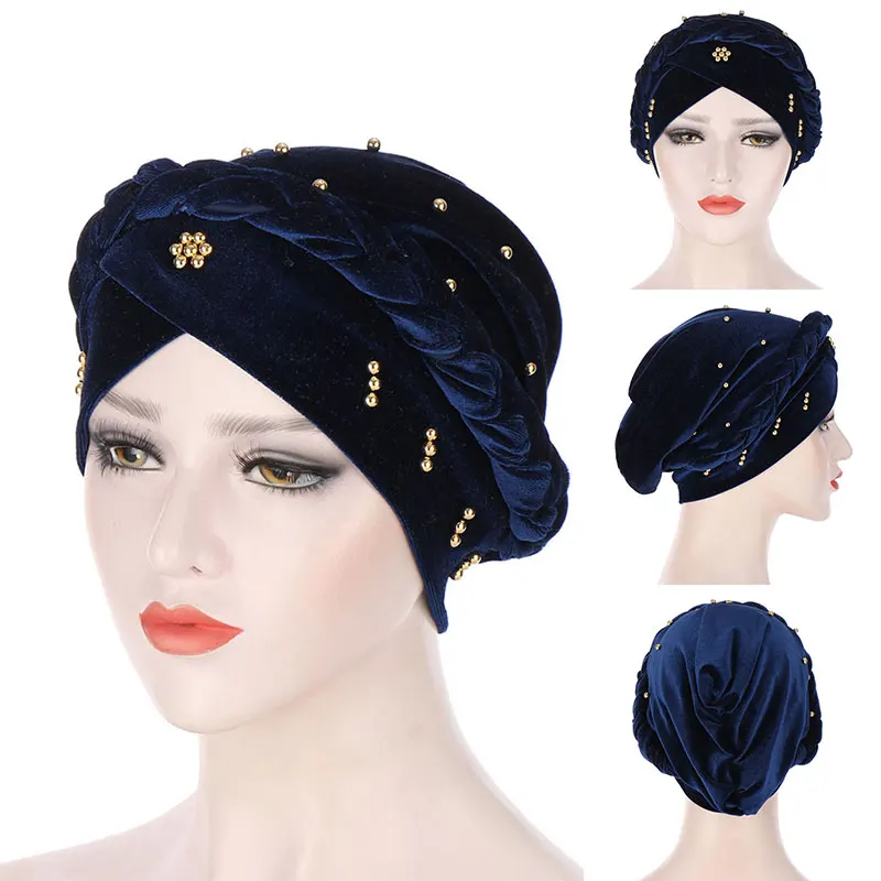 

Korean Velvet Muslim Caps Baotou Hat Fashion Beading India Hat Hijabs Women Beanie Turban Wrap Cap Girls Pure Color Head Cover
