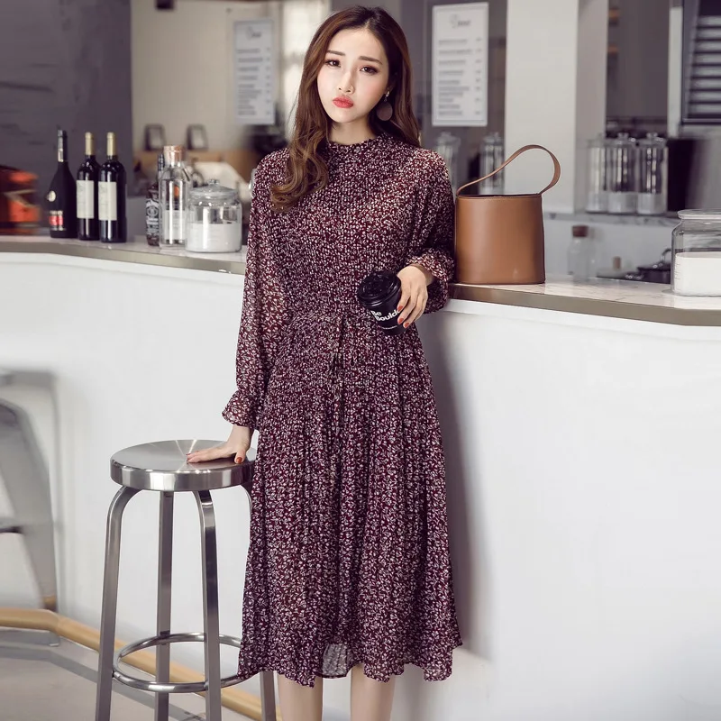 Новинка 2019 года сезон осень зима красивое шифоновое платье с цветочным рисунком