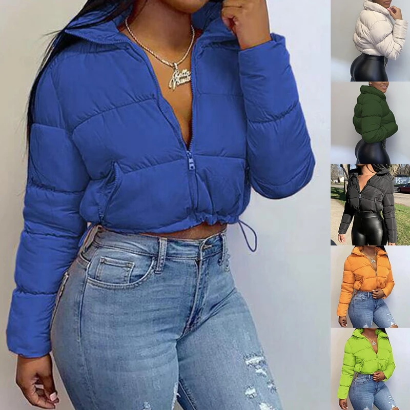 

Women Winter Long Sleeve Puffer Jacket Stand Collar Zip Up Solid Color Cropped Bubble Coat Drawstring Hem Quilted Parkas Outerwe