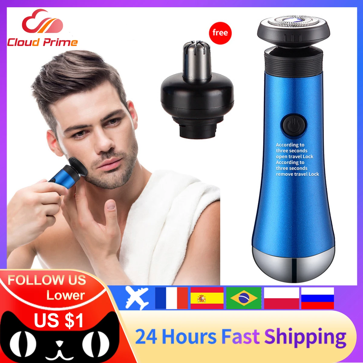 

2 In 1 4D Men's Rechargeable Bald Head Electric Shaver Floating Heads Beard Nose Ear Hair Trimmer Razor Clipper Facial Brush