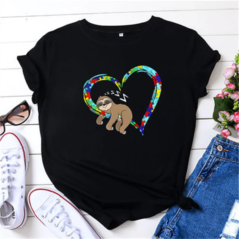 

2021 Selling Harajuku O-Neck Love Heart Sloth Short Sleeve Tshirt Womens Causal Tee Cotton Print Ladies Top Loose Clothes Summer
