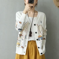 knitted cardigan spring and autumn new pure cotton cardigan loose embroidery long sleeved sweater retro wild sweater coat women