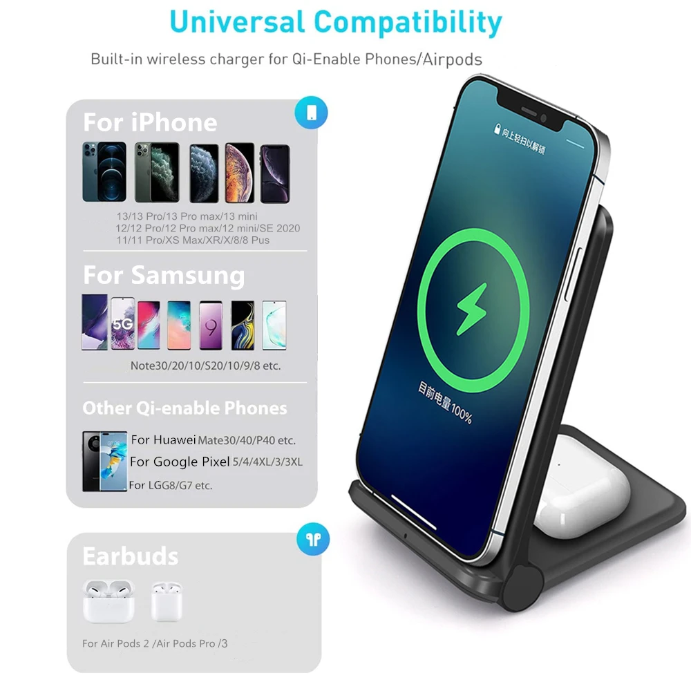 25w fast qi wireless charger 2 in 1 foldable charging stand for iphone 13 12 11 xs xr x 8 airpods 3 pro samsung s21 s20 s10 free global shipping