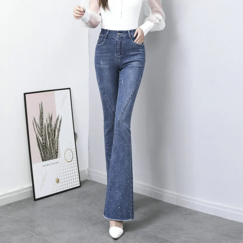 

Джинсы-клеш Женские с завышенной талией, узкие облегающие брюки из денима, модные брюки с блестками и широкими штанинами, пикантная уличная ...