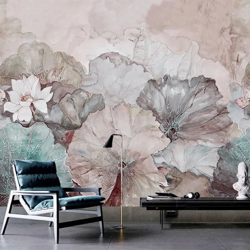 

Custom Photo Wallpaper New Chinese Style Ink Lotus Abstract Art Mural Living Room Study Retro Hand Painted Decorative Painting
