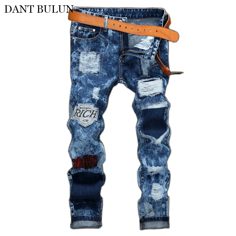 Men's Jean Homme Badge Patchwork Ripped Embroidered Stretch Jeans Trendy Holes Patches Design Slim Fit Straight Denim Pants