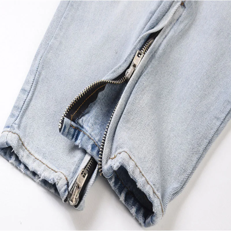 

Ripped jeans men's brand straight newcomer jeans zipper casual slim fit stretch denim trousers motorcycle jeans blue jeans