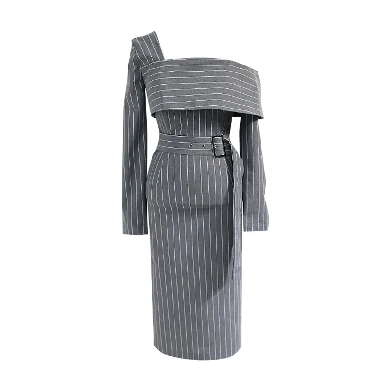 

Spring 2021 New Korean Temperament Inclined Neckline Off-the-shoulder Slimming and Belting Medium and Long Split Striped Dress