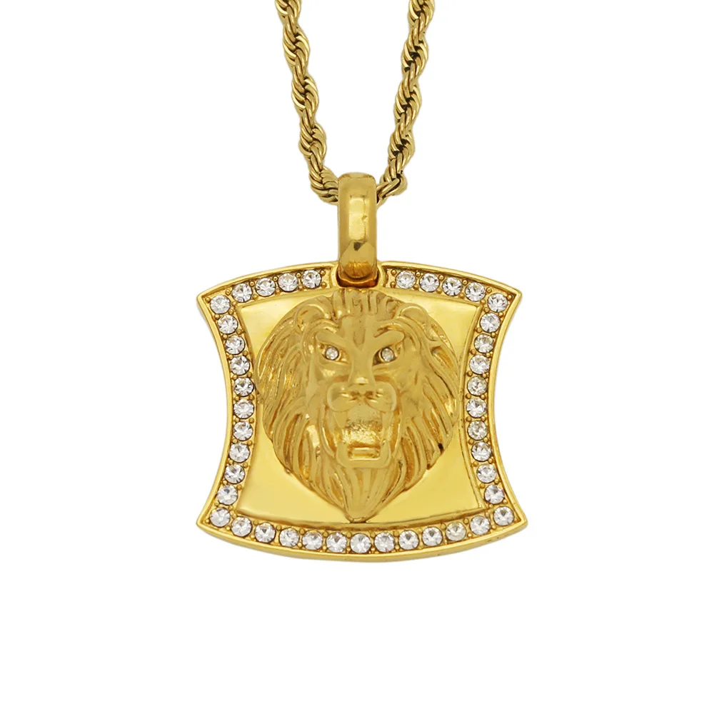 

Hiphop Iced Out Lion Head Pendant Necklace for Men Male Gold Color Chains Bling Square Animal Necklace Hip Hop Jewelry Gift