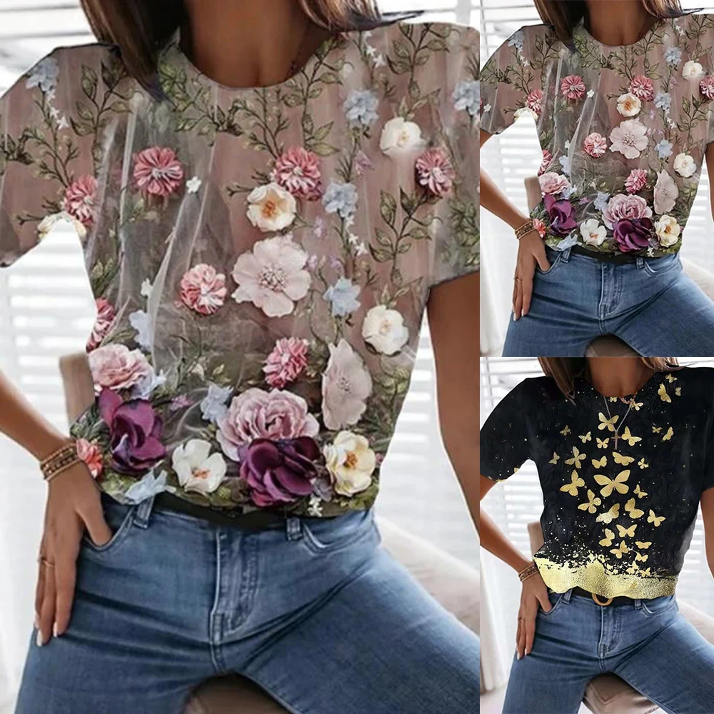 

Women Summer Plus Size Tops O Neck Floral Print Short Sleeve T-shirt Fashion Butterfly Casual Tees plus size women clothing D30