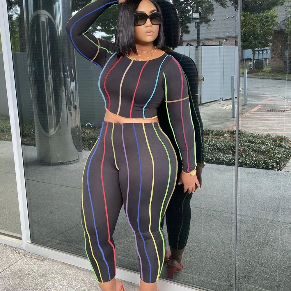 

Sexy Two Piece Sweatsuits for Women Set Striped Print Long Sleeve Crop Top and Leggings 2 Piece Sets Casual Joggers Tracksuits