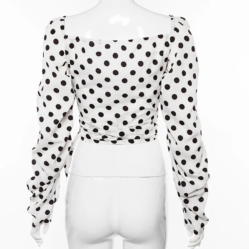

Women's V-neck Crop Top T-shirt 2021 Fashion New Woman Summer Polka Dot Puffy Long-sleeved Waist T-shirt Short Top White Tops