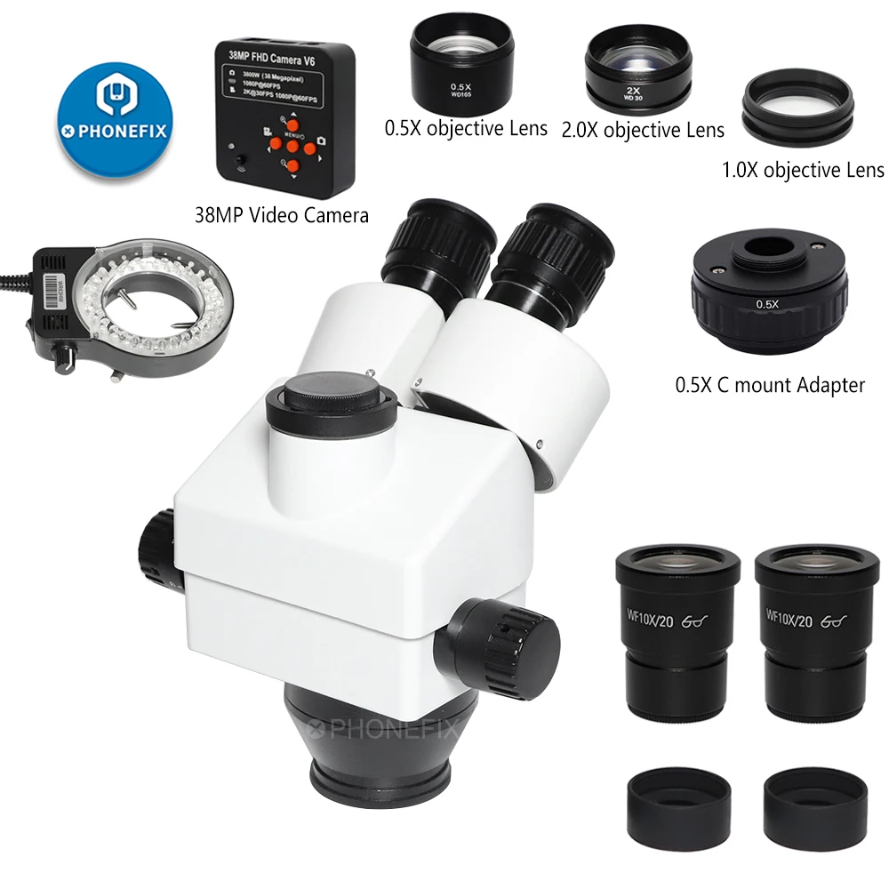 

3.5X-90X Simul-Focal Trinocular Microscope Zoom Stereo Microscope Head +HDMI 38MP VGA Camera 0.5x 2.0x Auxiliary Objective Lens