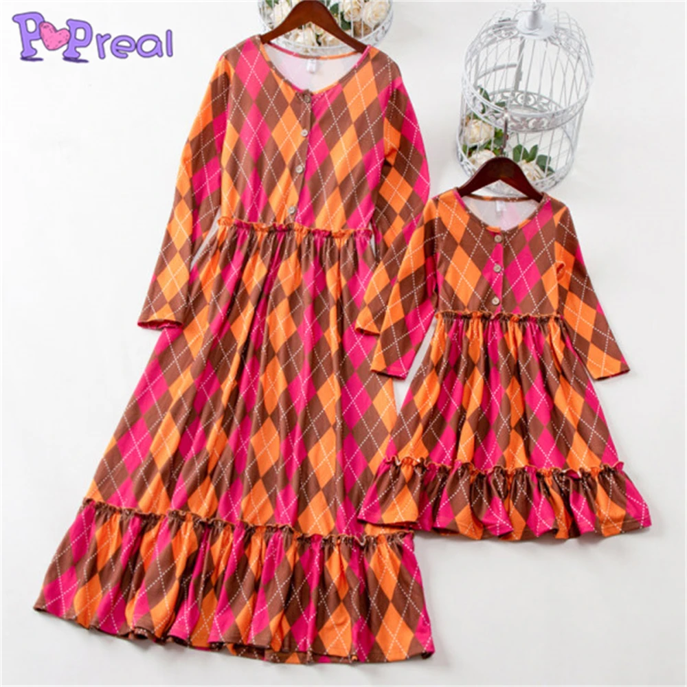 

PopReal Spring Mom And Daughter Dress Sweet Orange Plaid Long Sleeve Mother Girl Matching Dress Family Matching Outfit