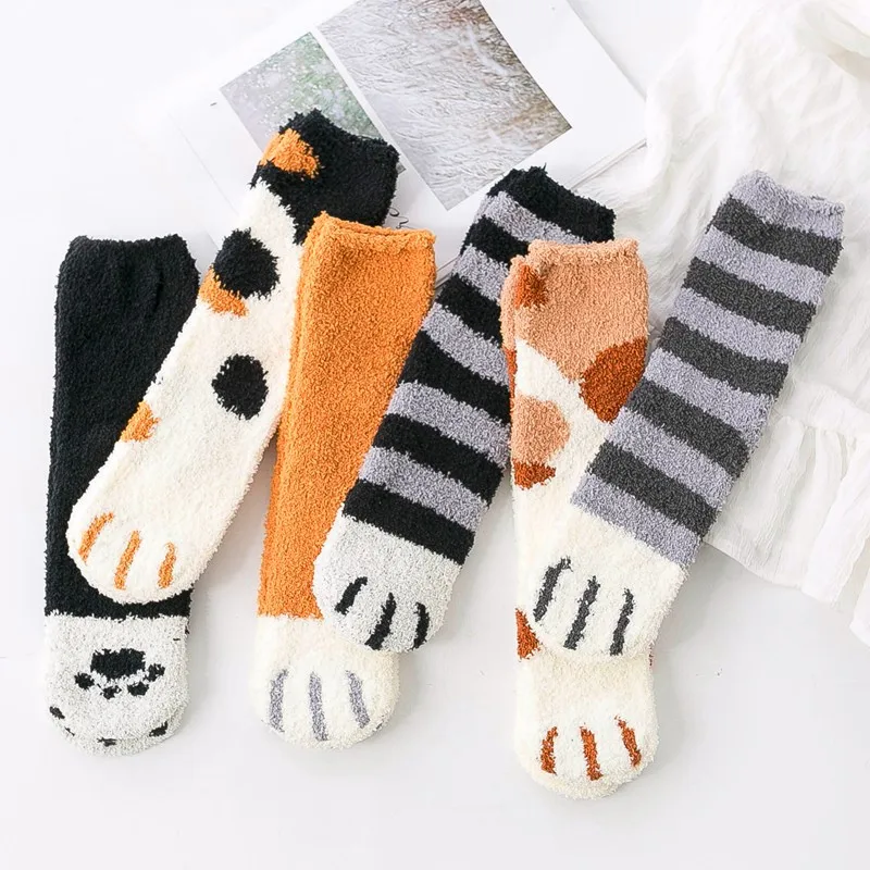 1 Pair New Arrivals Coral Fleece Socks Female Kawaii Tube socks Autumn Winter Cat Claws Cute Thick Warm Sleeping Floor | Женская одежда