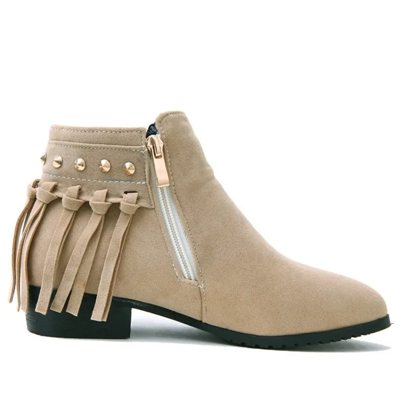 Ботильоны женские замшевые ботинки с бахромой на низком квадратном каблуке