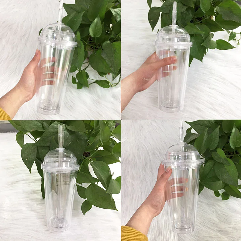 

20oz Clear Acrylic Tumbler Double Wall Plastic Drink Cups Transparent Water Bottle With Dome Lid Straws Santa Gift