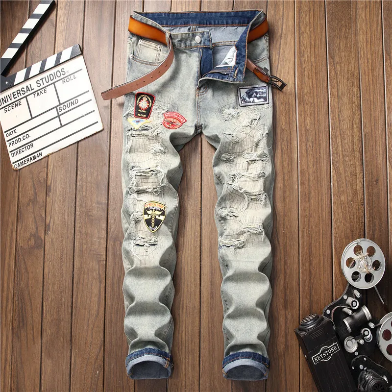 

CNUUIKOOEK Men's New Style Embroidered Retro Blue with Holes Straight-Cut Elasticity Jeans Trousers